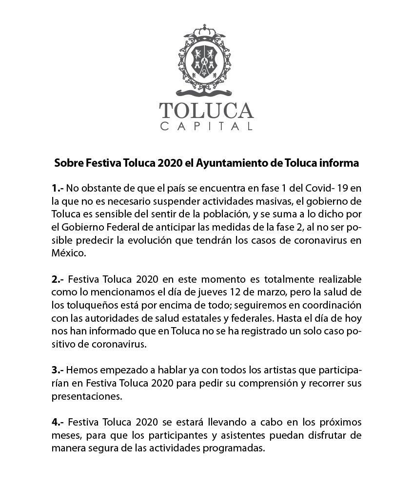 Comunicado oficial sobre Festiva Toluca 2020 REPROGRAMADO