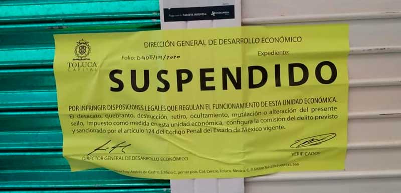 Suspenden locales por incumplir normas sanitarias en Toluca