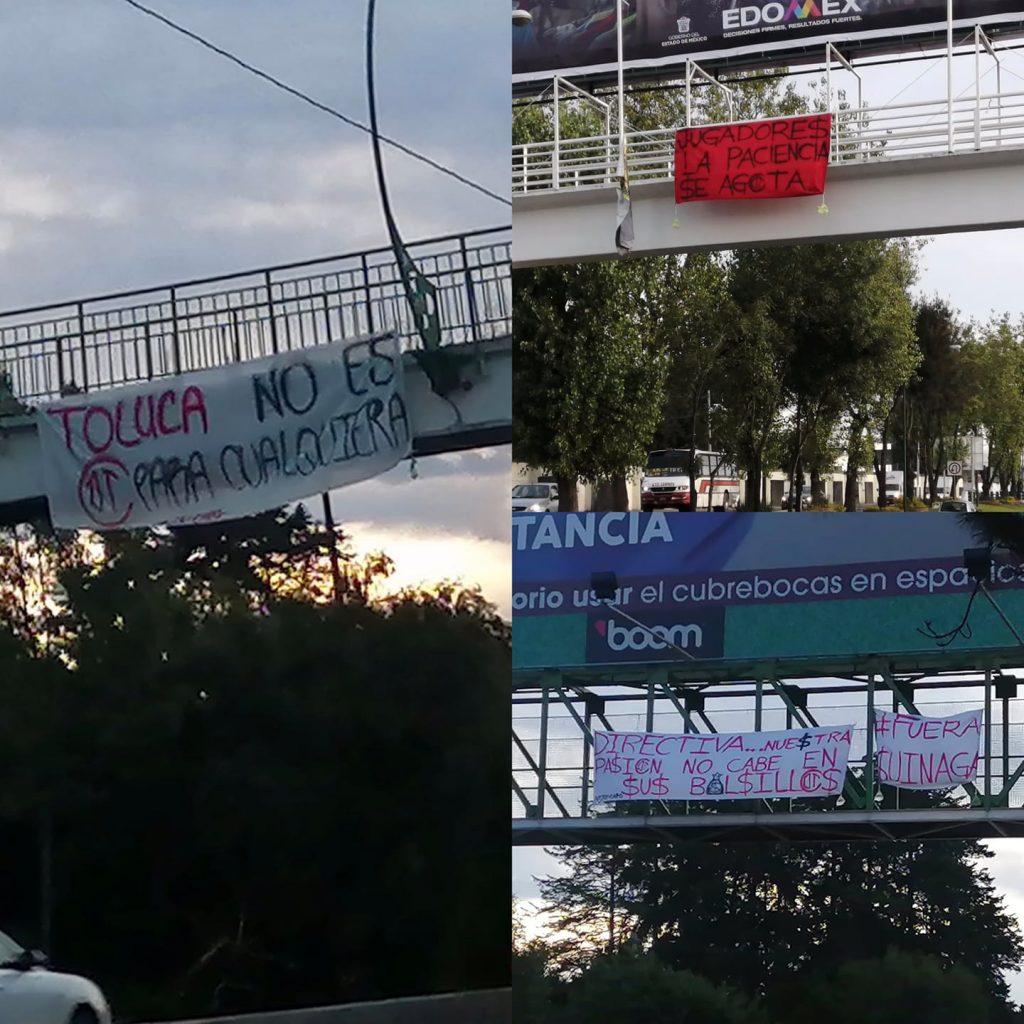 Aficionados del Toluca FC protestan con mantas tras malos resultados