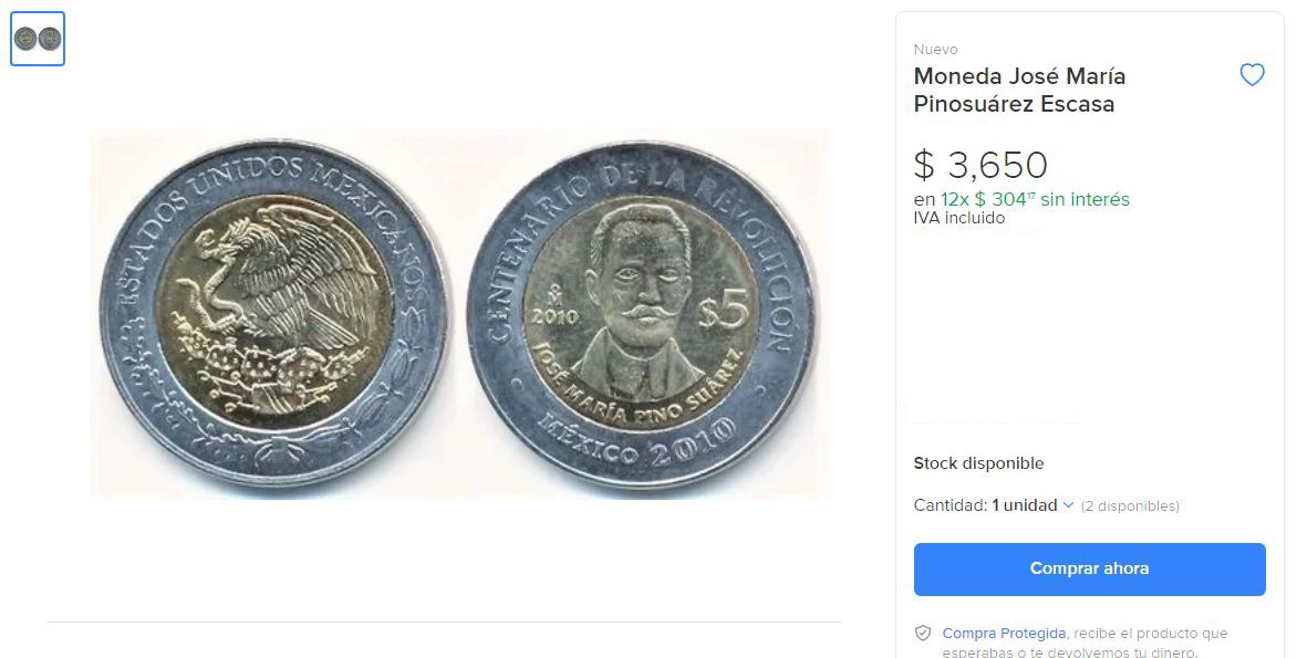 Moneda de Pino Suárez se vende en más de 3 mil pesos