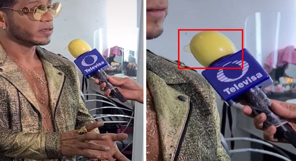 Por COVID-19, reportero protege su micrófono con un condón 