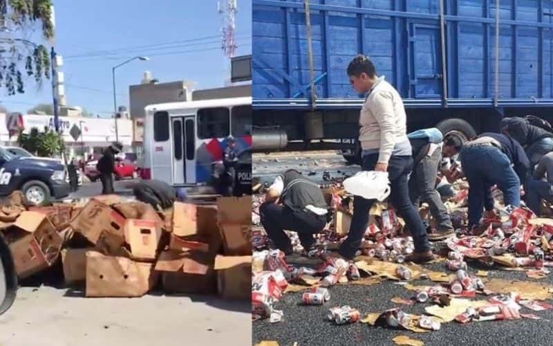 (VIDEO) Se roban cartones de cerveza de tráiler en Toluca