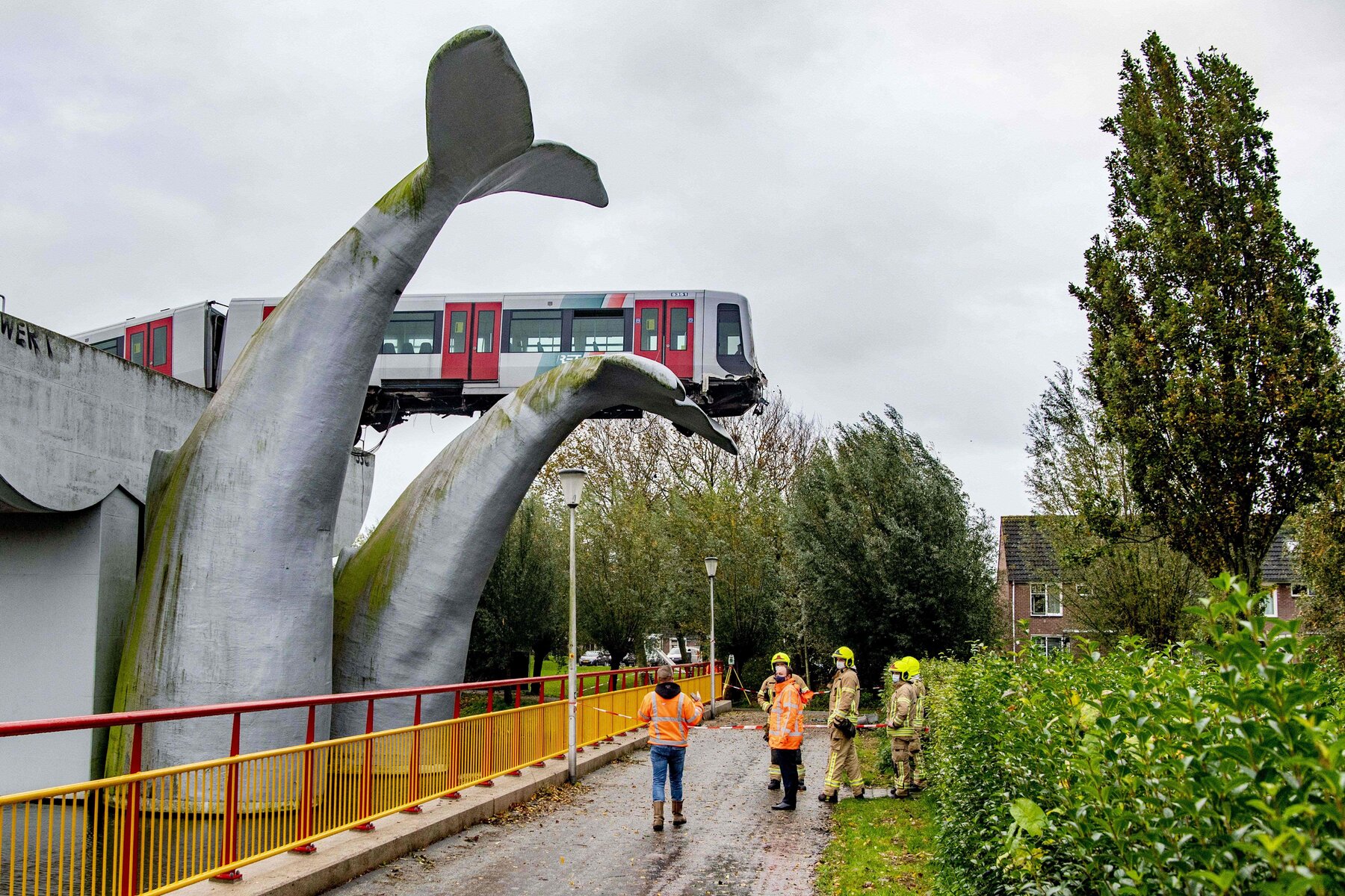 Tren salvado por escultura de cola de ballena en Europa