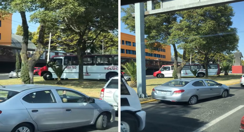 Camionero cruza acera como retorno en avenida Isidro Fabela