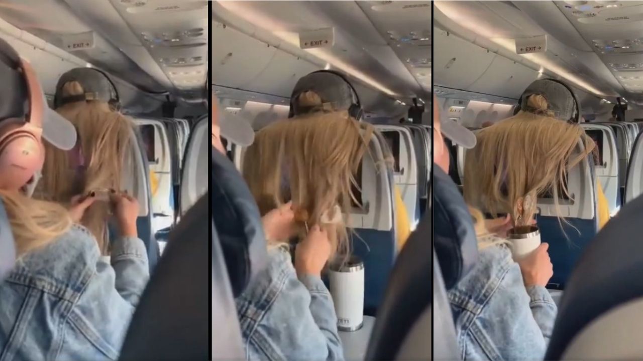 (VIDEO) Le pega un chicle en el cabello por no dejar ver la pantalla en el avión