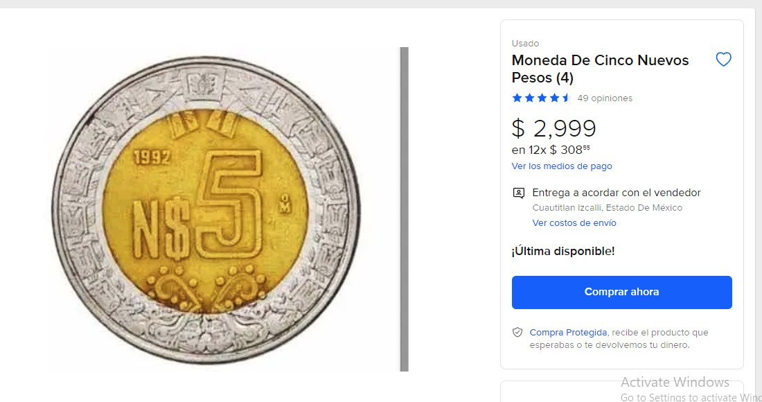 Moneda de 5 pesos se vende hasta en 3 mil pesos