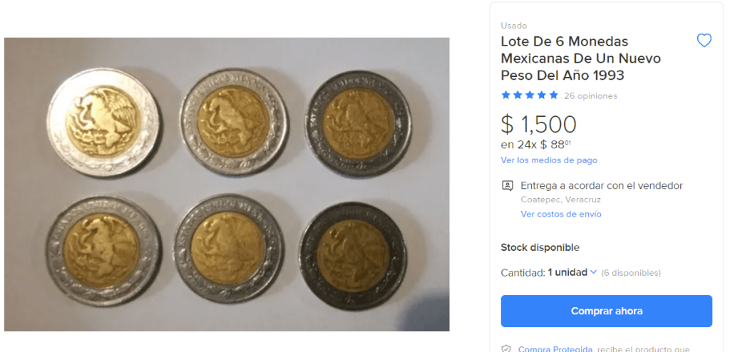 Monedas de un peso mexicano se venden hasta en 9 mil