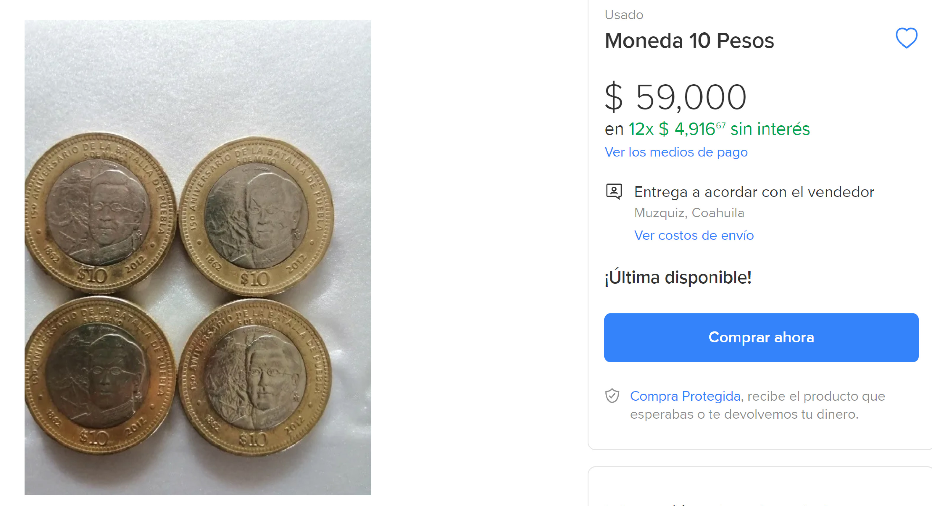 Moneda conmemorativa de 10 pesos de la Batalla de Puebla es vendida en 59 mil y 25 mil pesos