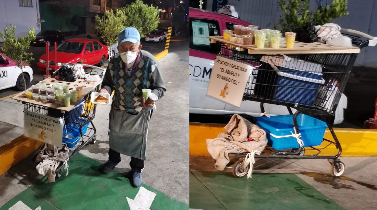 Abuelito vende gelatinas junto a su perrito para pagar la cirugía de su nieto