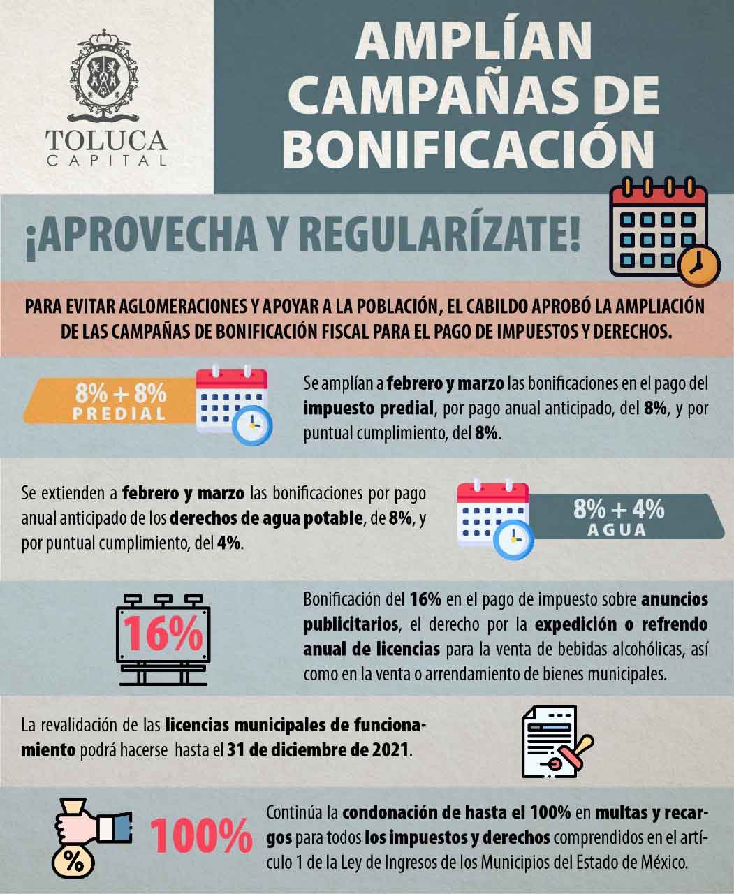 El ayuntamiento de Toluca ampliará las campañas de bonificación fiscal por pago anual anticipado de impuestos como predial y servicios de agua potable