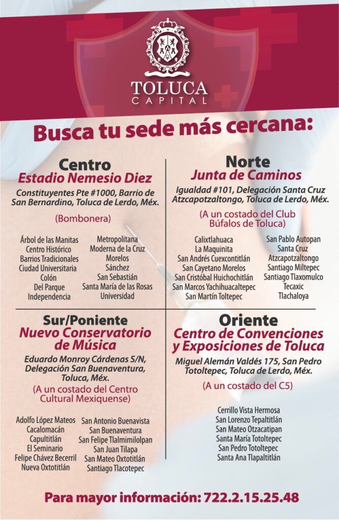 El gobierno municipal de Toluca realizó una lista por colonias de acuerdo a la cercanía con cada módulo de vacunación contra COVID-19
