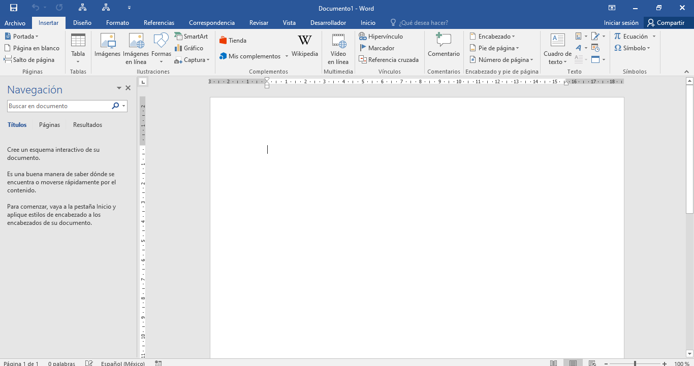 Captura de pantalla de un documento nuevo de word