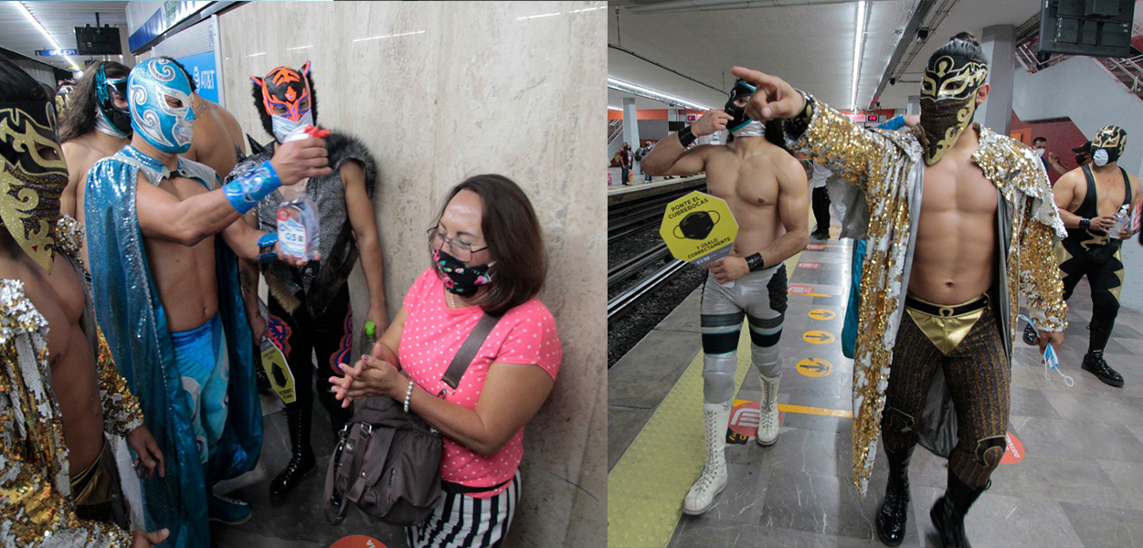 Luchadores el uso del cubrebocas en el metro de la CDMX