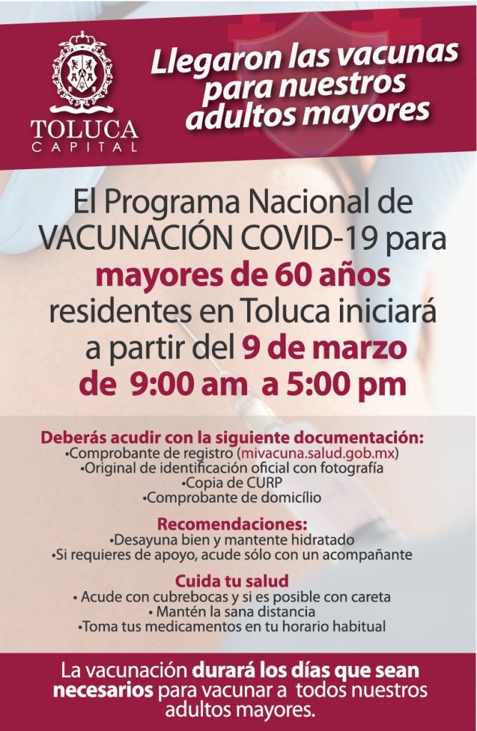 La vacuna contra el COVID-19 que se aplicará en Toluca a partir del próximo martes 9 de marzo será la del los laboratorios Pfizer