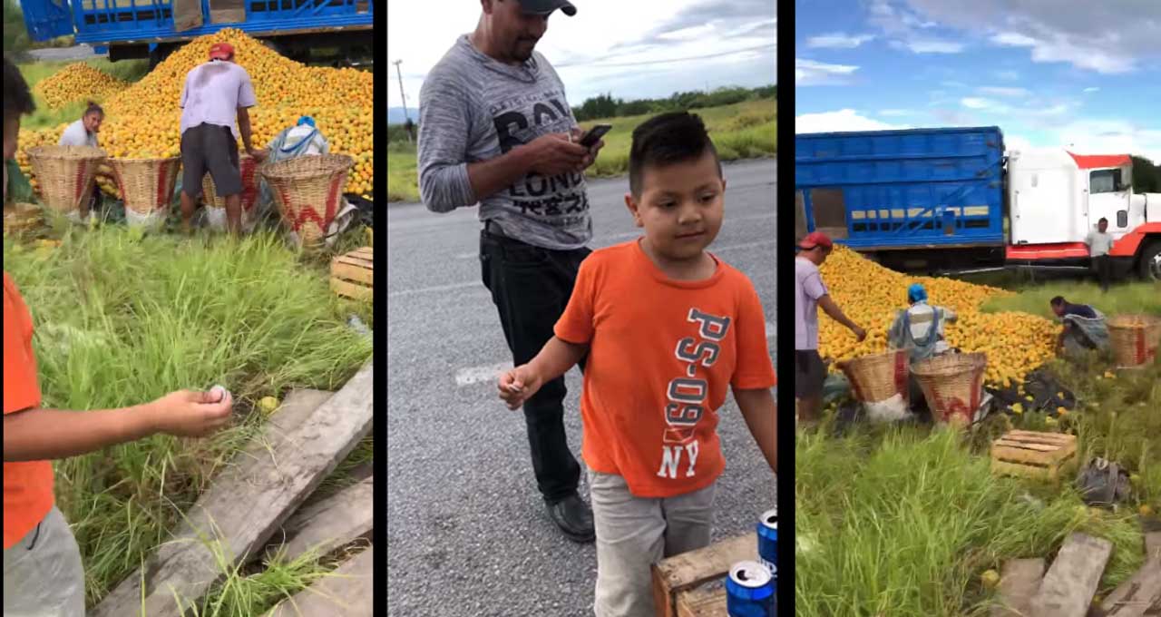 Niño compra naranjas en lugar de robarlas de un tráiler volcado – video