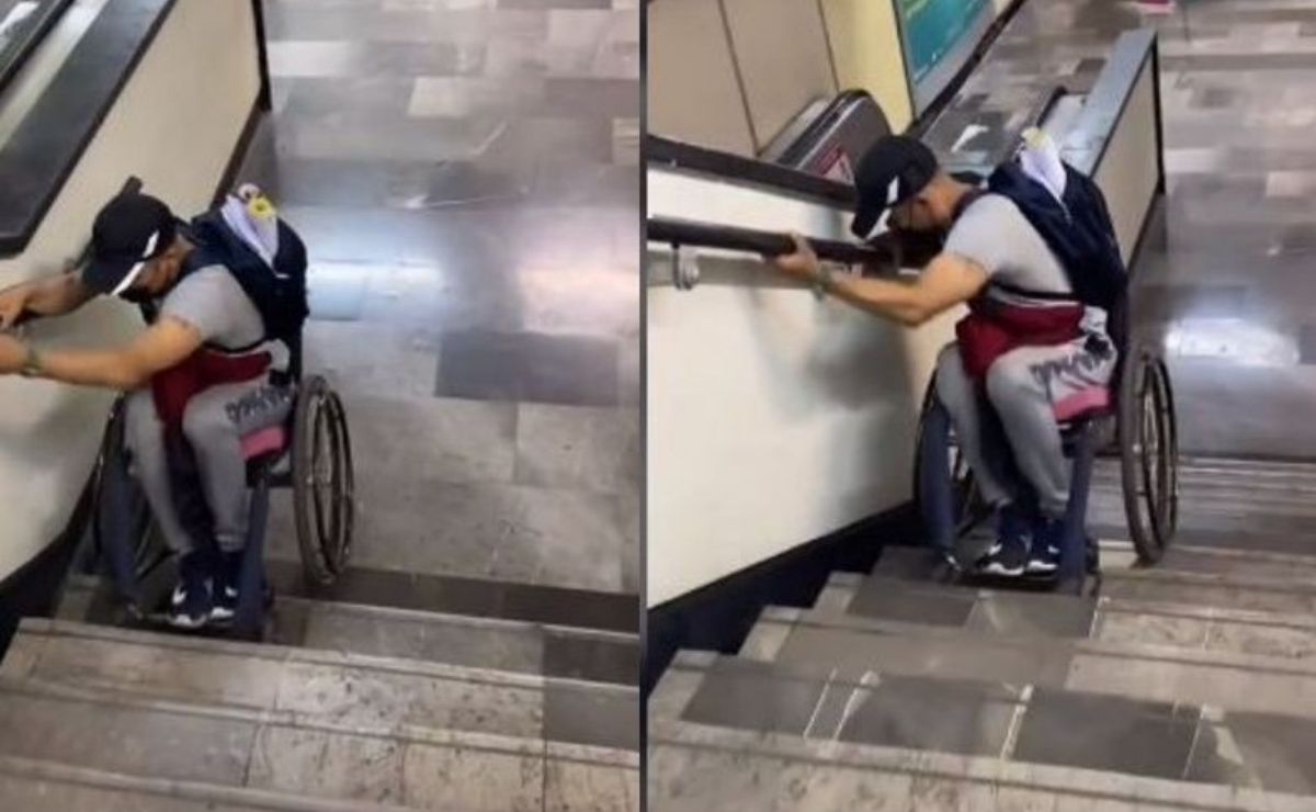 En las imágenes se observa como el joven en silla de ruedas se coloca de espaladas y con ayuda de sus manos comienza a descender de reversa por la escalinata.
