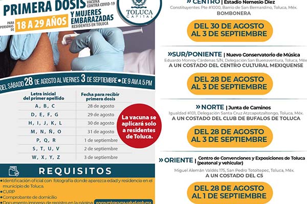 Vacunas Toluca de 18 a 29 años: sedes donde puedes recibir la primera dosis 