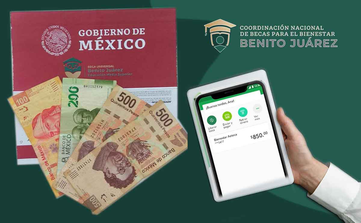 Dinero de la beca benito juárez junto con la pantalla de la app de Bienestar Azteca