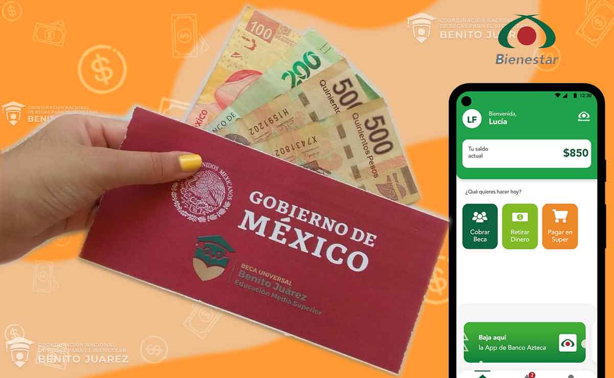 Sobre con billetes de becas Benito Juárez 2022 y la app de bienestar azteca