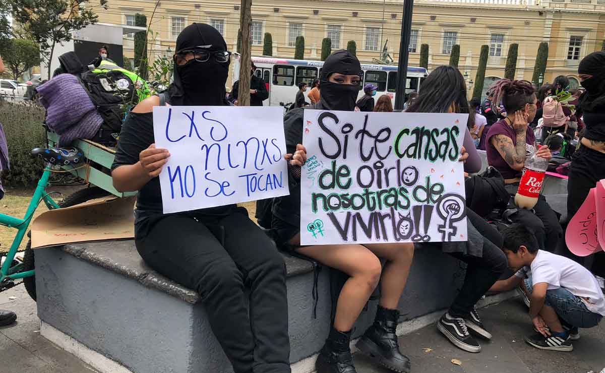 Mujeres feministas con pancartas en Toluca