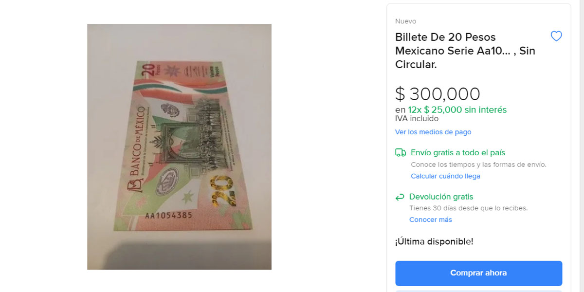 Billete mexicano se vende en 300 mil pesos ¿En donde lo venden?