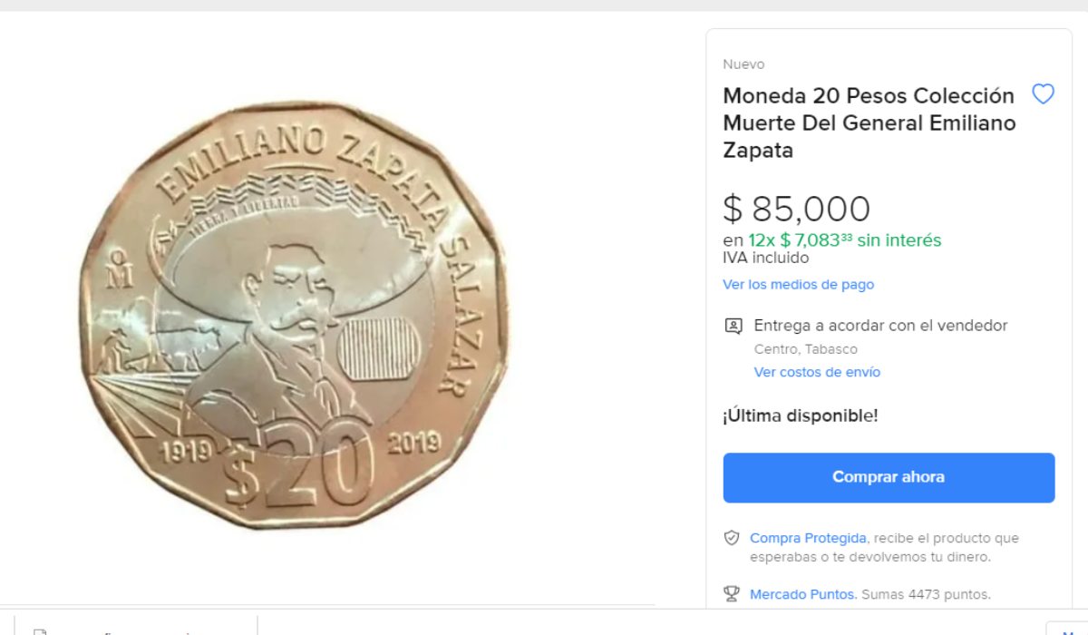 Moneda de Emiliano Zapata se vende en $85 mil pesos