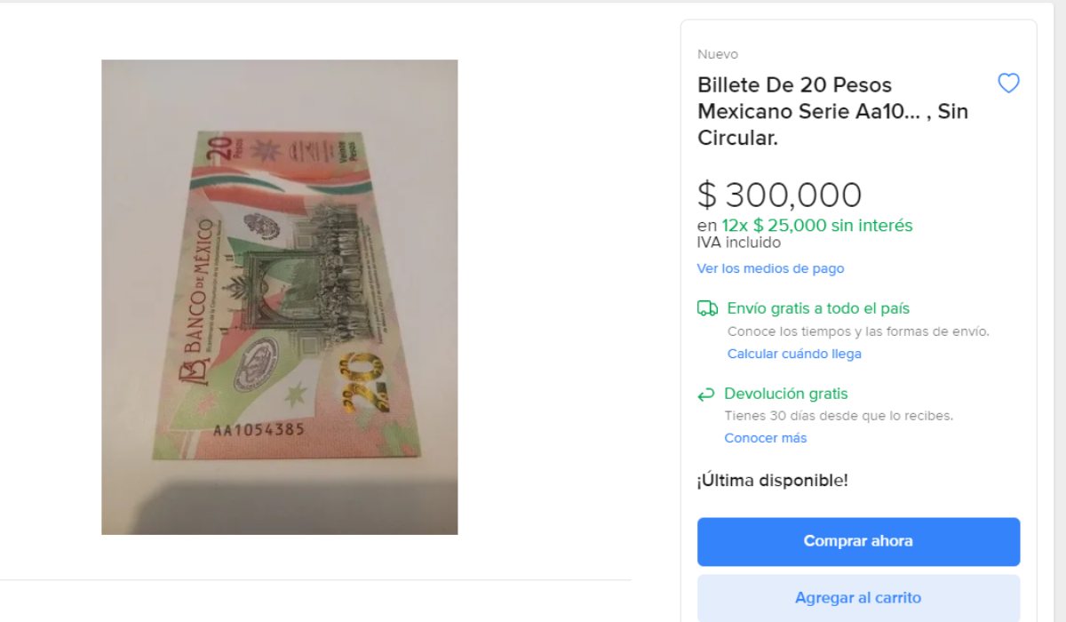 Nuevo billete de $20 pesos se vende en $300 mil pesos 