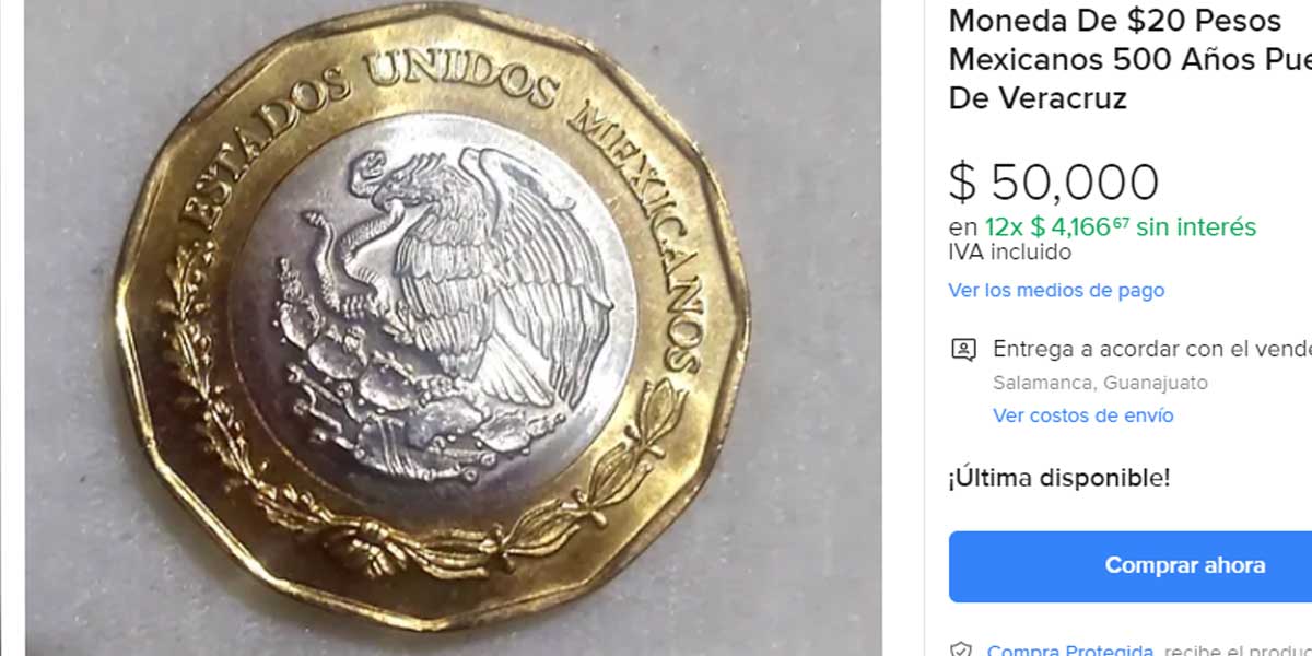 Moneda de 20 pesos veracruzana se vende hasta en 50 mil pesos