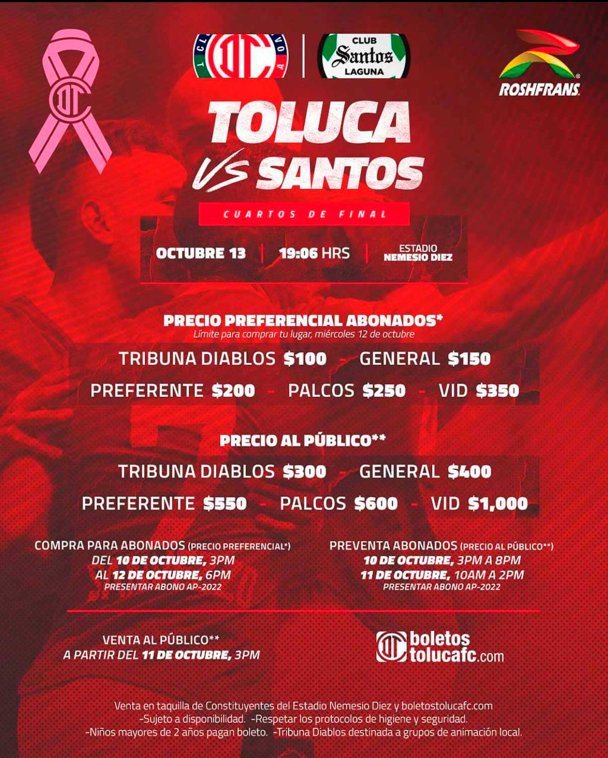 Boletos para Toluca FC vs Santos, costos, fecha y más