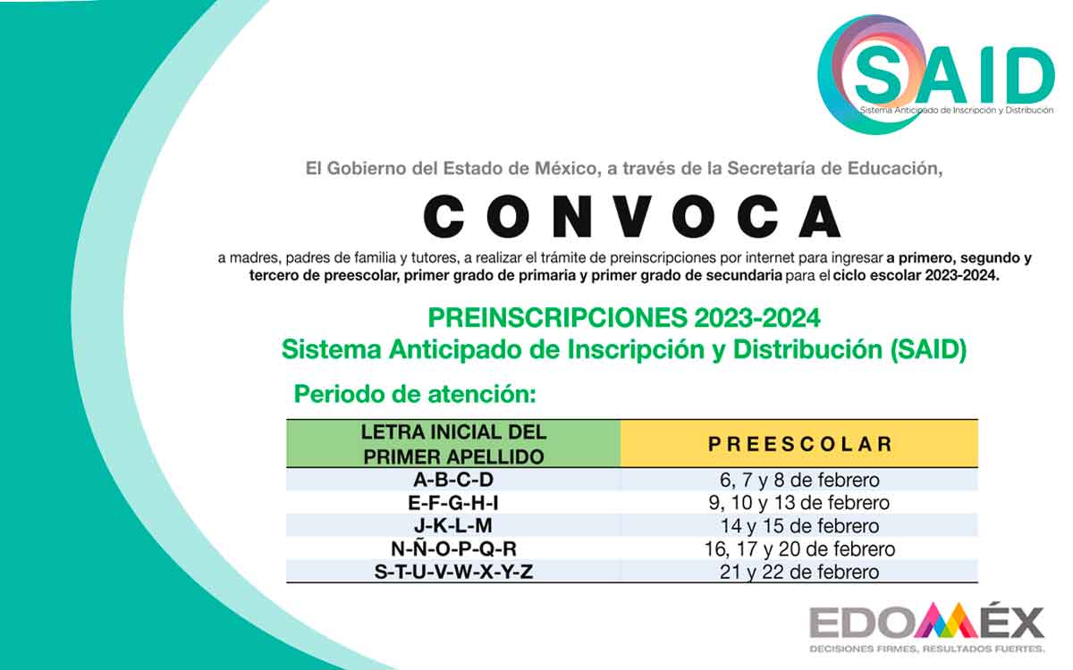 calendario de las fechas de preinscripciones a preescolar edomex en convocatoria said 2023