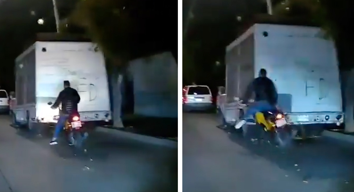 ¡Tómala! Motociclista choca con camión por andar reclamando a conductor