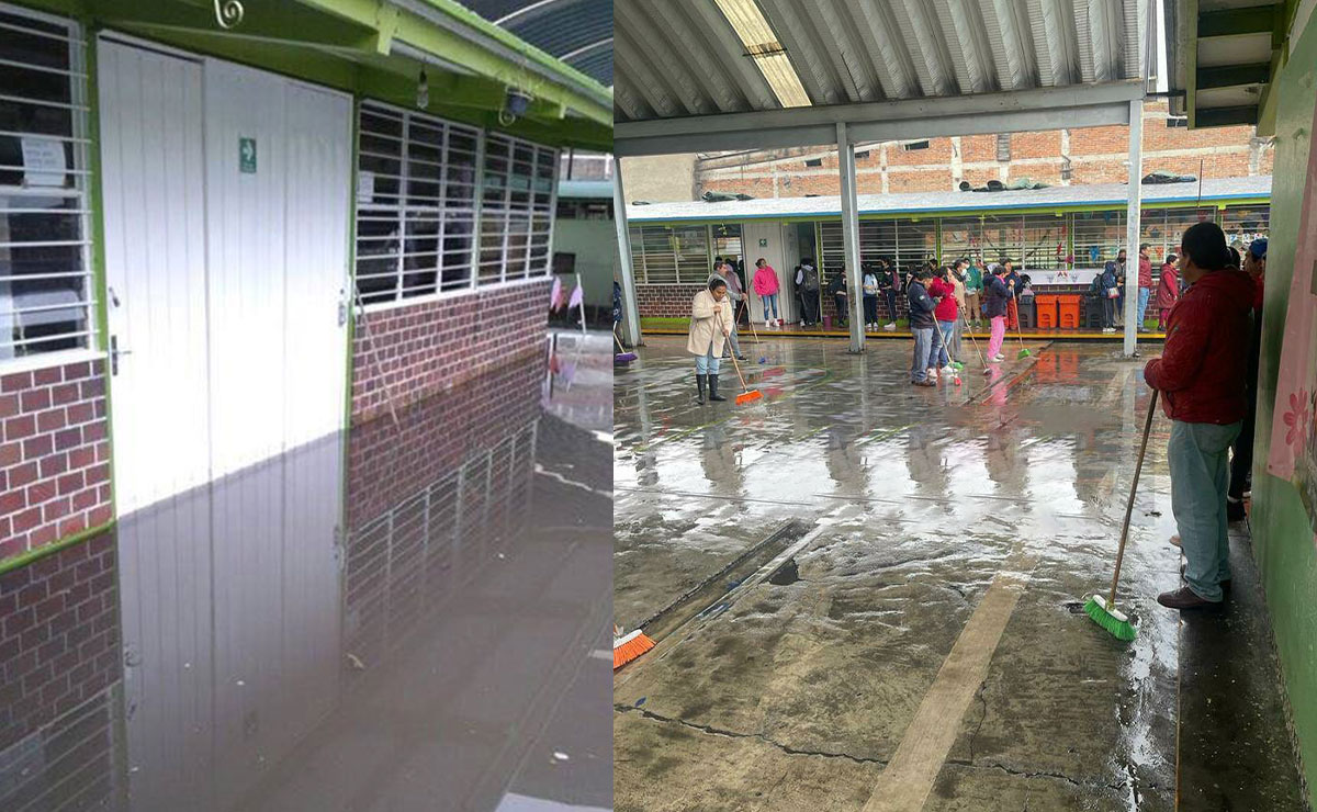Padres de familia limpian escuela que se inundó en Toluca